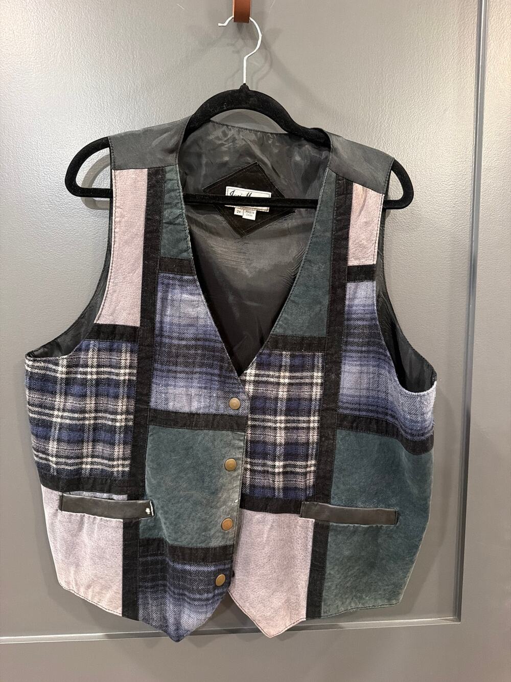 Jeri Margue New York Vest Women's M Colorful Leather Wool PatchWork Pocket